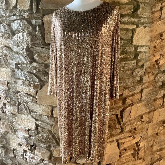 Caroline Rose 3/4 Sleeve Gold Sequin Dress
